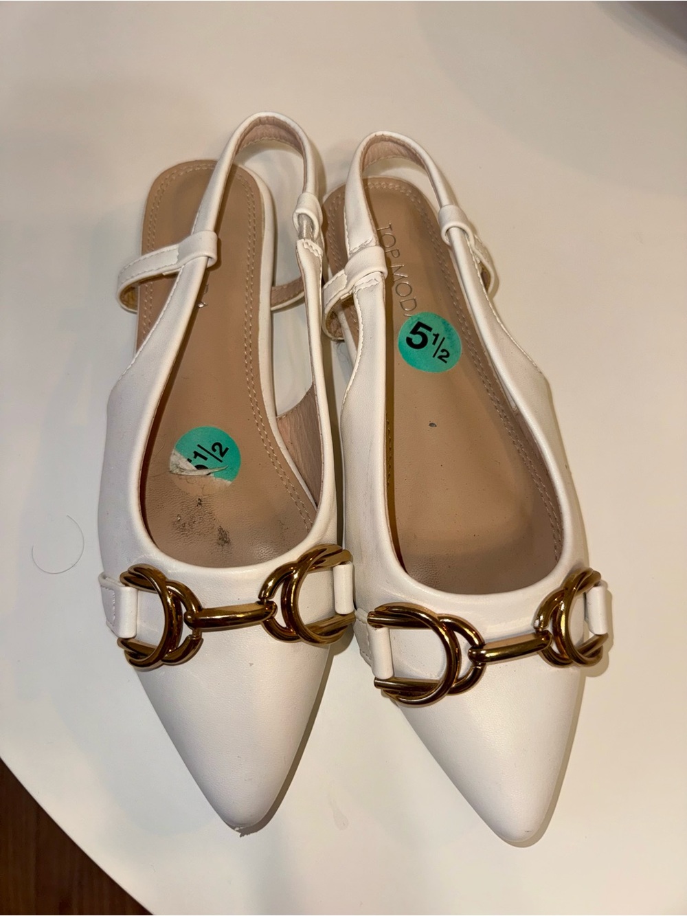 White Slingback Pointed Toe Flats with Gold Chain Accent